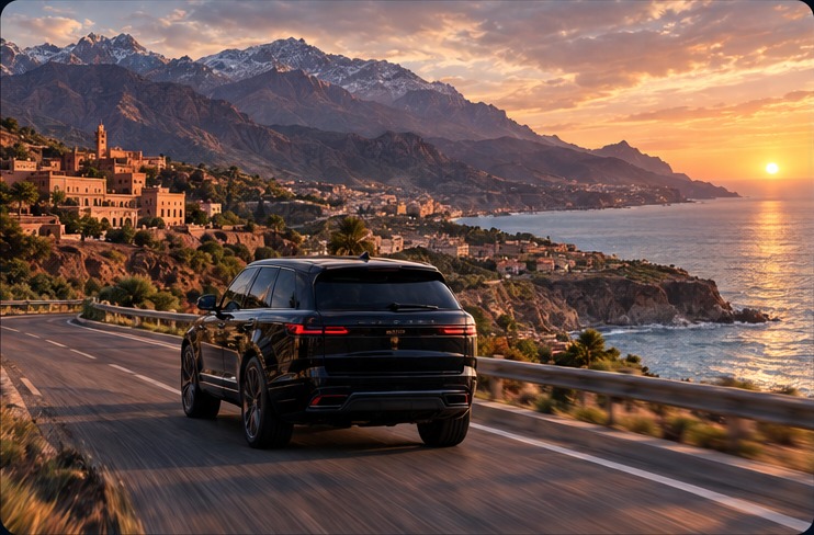 Voiture roulant sur une route côtière au coucher du soleil au Maroc